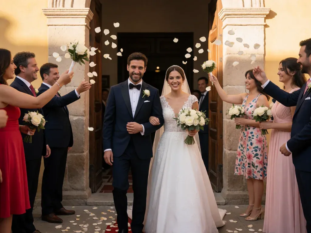 recién casados saliendo entre pétalos y aplausos de los invitados