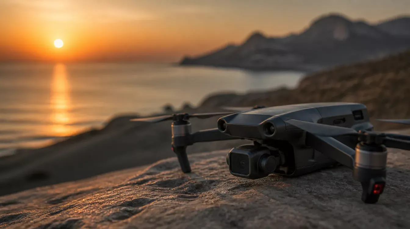 dron sobre la arena al atardecer frente al mar