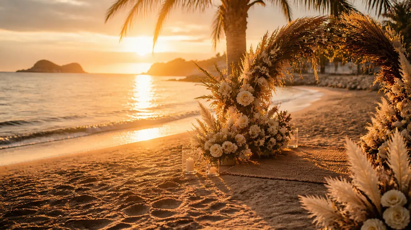 arco de palmas secas y flores en la playa al atardecer