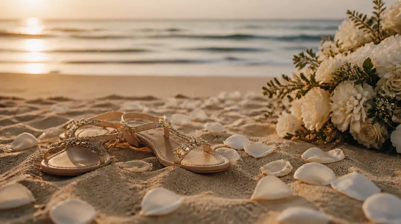 sandalias, conchas y pétalos en la arena junto a flores blancas