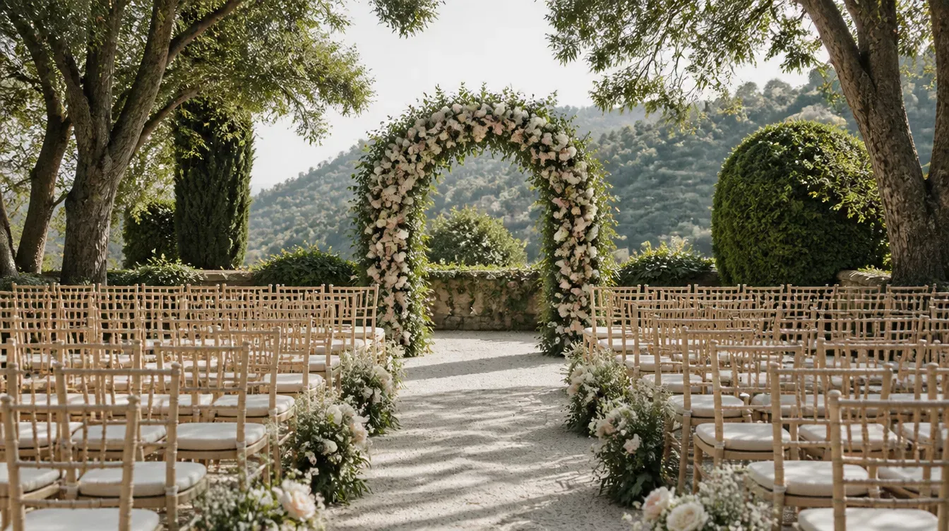 Ceremonia al aire libre con arco de flores blancas y sillas de madera entre olivos