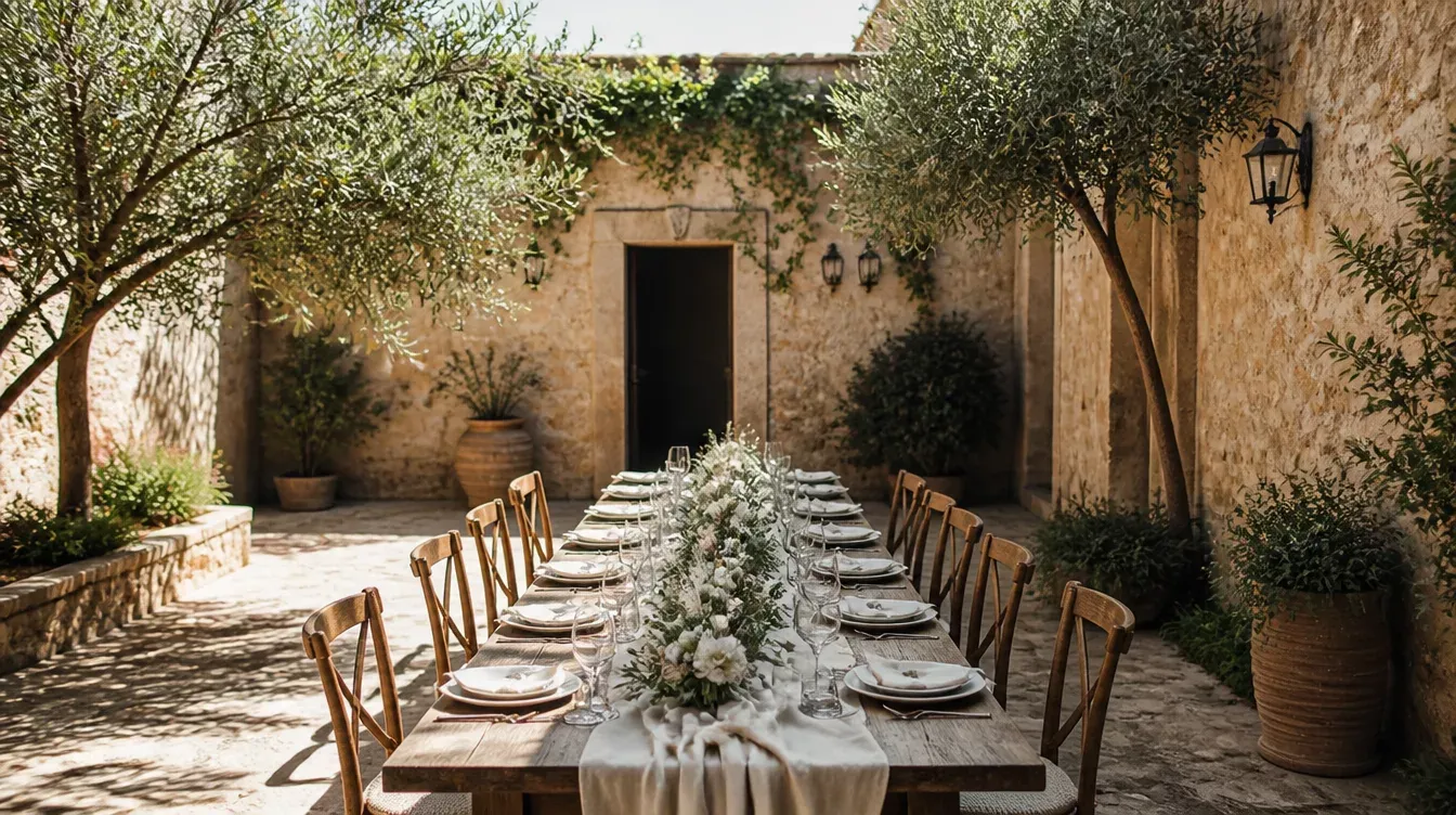 Mesa larga de madera montada para una boda pequeña en un patio de piedra con olivos
