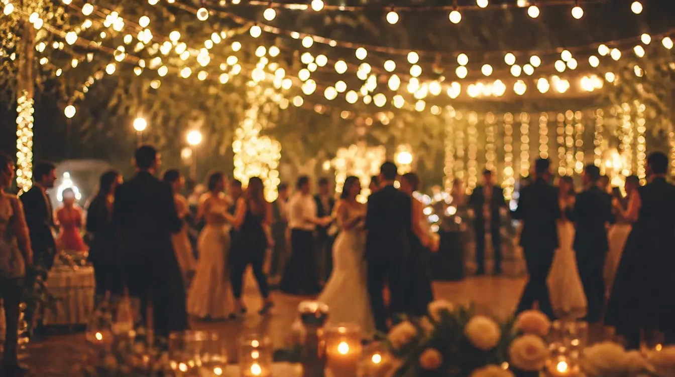 Invitados bailando de noche bajo guirnaldas de luces
