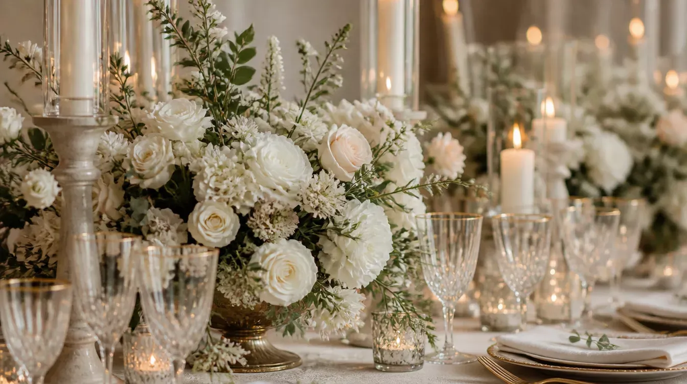 Centro de mesa con rosas blancas, velas y copas de cristal