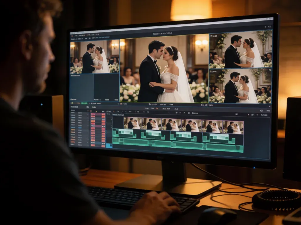 pantalla de edición y corrección de color de un vídeo de boda