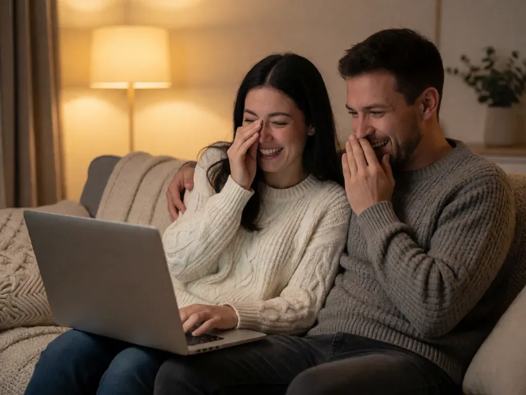 pareja viendo su vídeo de boda en casa