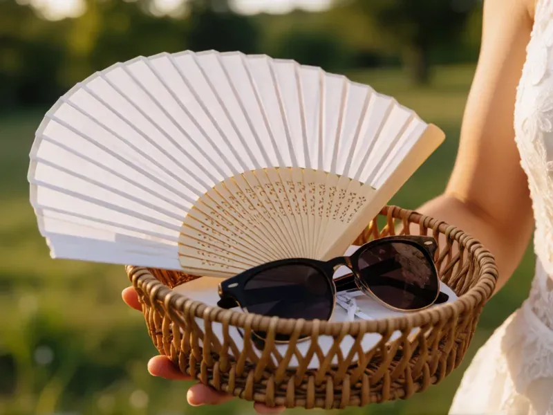 abanicos y gafas como detalles prácticos de boda