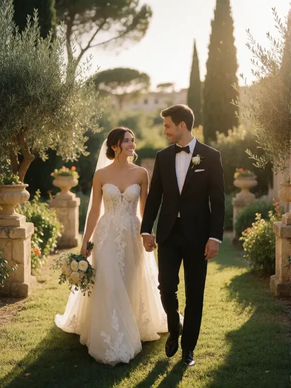 pareja de novios paseando por un jardín mediterráneo con cipreses