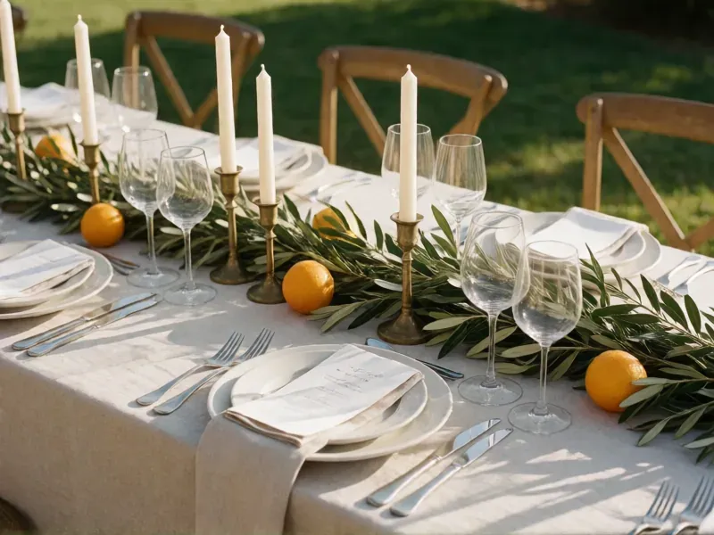 mesa con velas, ramas de olivo y limones sobre mantel blanco