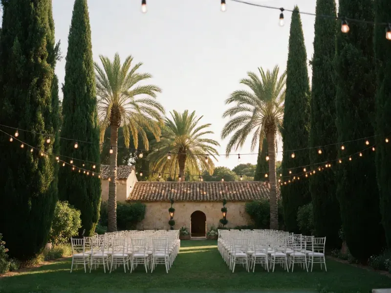 sillas blancas para una ceremonia entre cipreses y palmeras con guirnaldas de luces