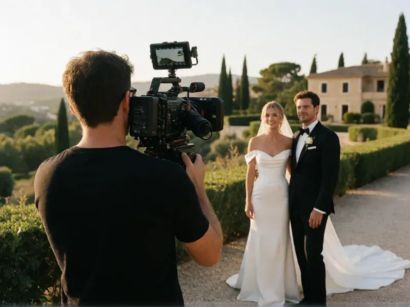 videógrafo grabando a una pareja de novios frente a una casa de piedra