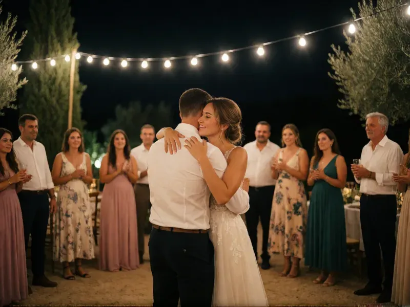 primer baile bajo guirnaldas de luces rodeados de invitados