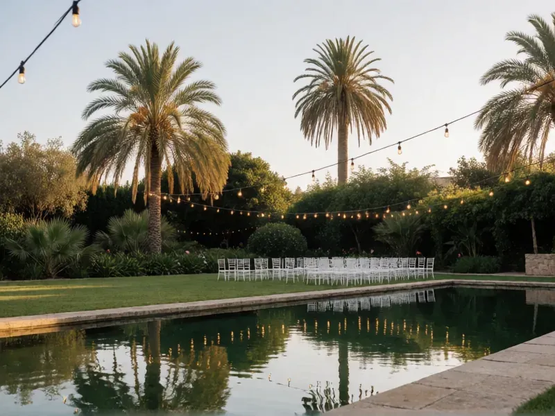 jardín con estanque, palmeras y guirnaldas de luces