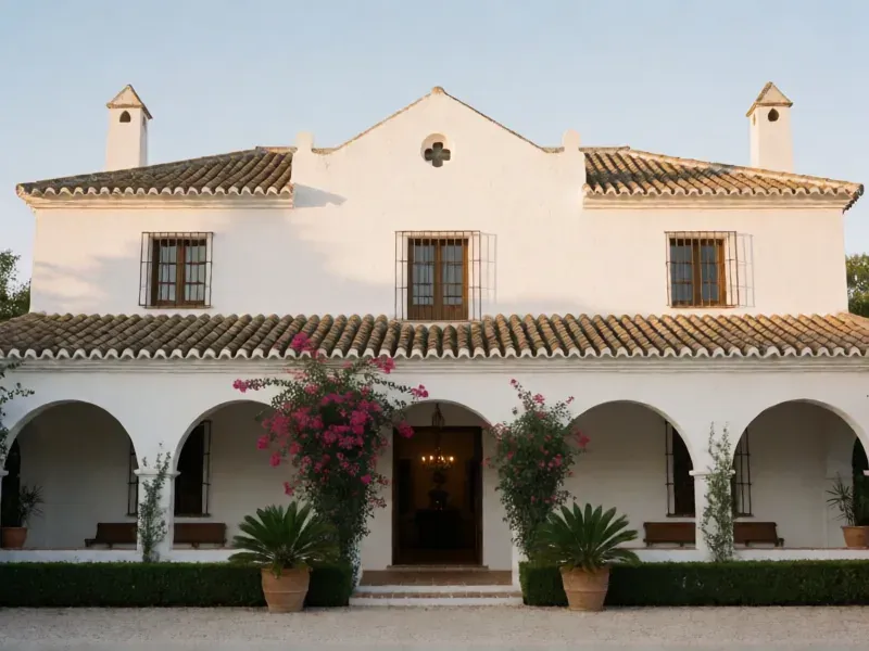 fachada blanca de un cortijo con arcos y buganvilla