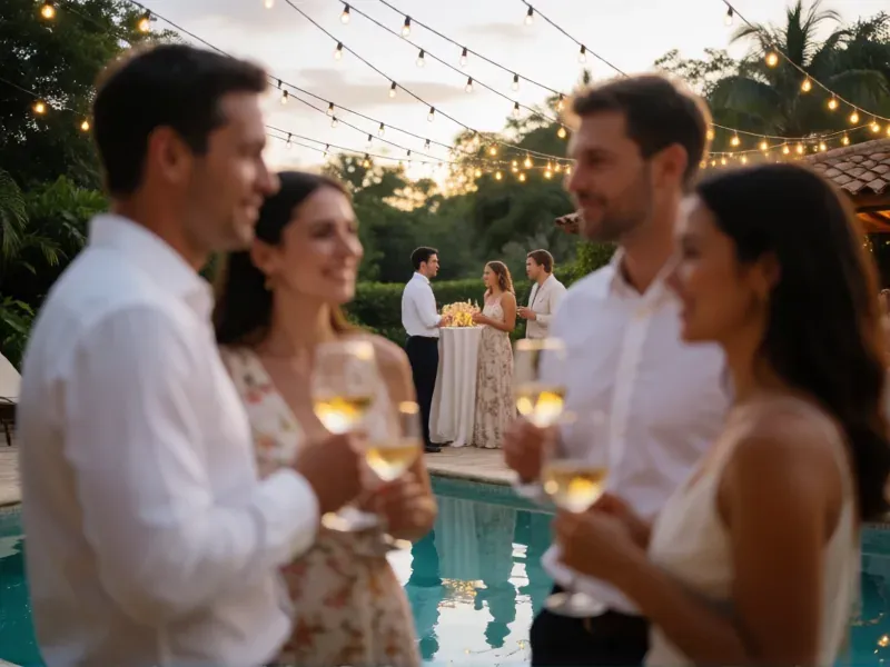 invitados brindando junto a una piscina