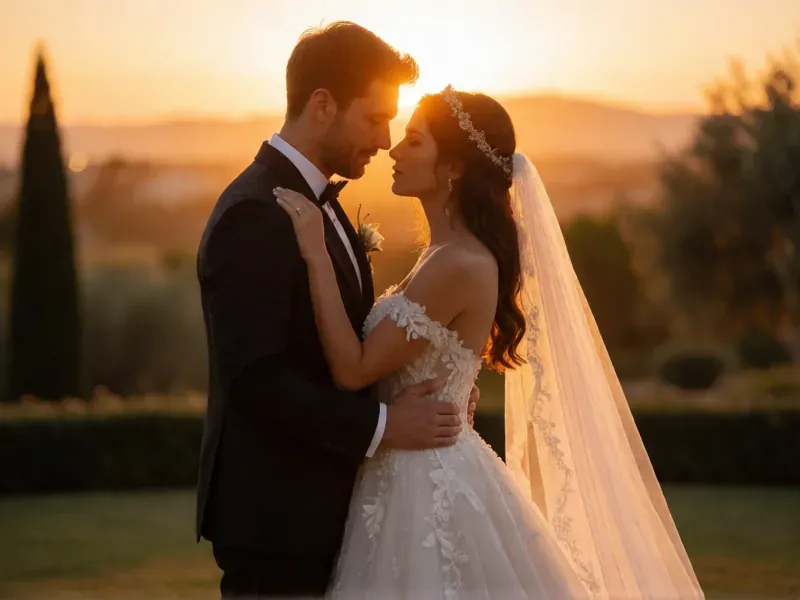 pareja de novios abrazada al atardecer entre cipreses
