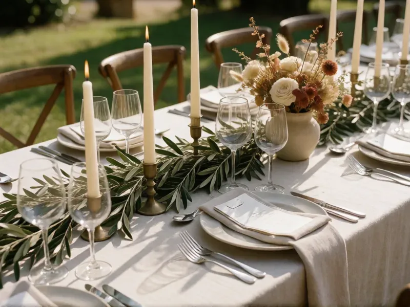 mesa con velas altas, ramas de olivo y flores secas en un jardín