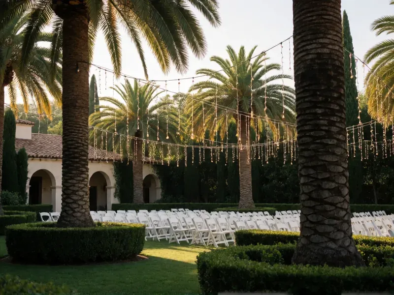 jardín con palmeras, guirnaldas de luces y sillas blancas para una ceremonia