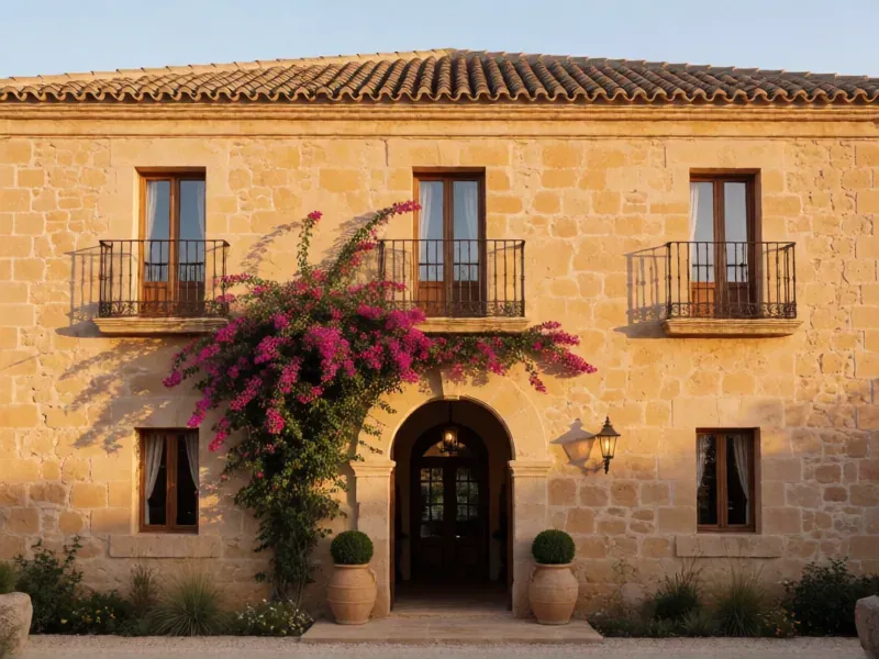 fachada de piedra con balcones de forja y buganvilla