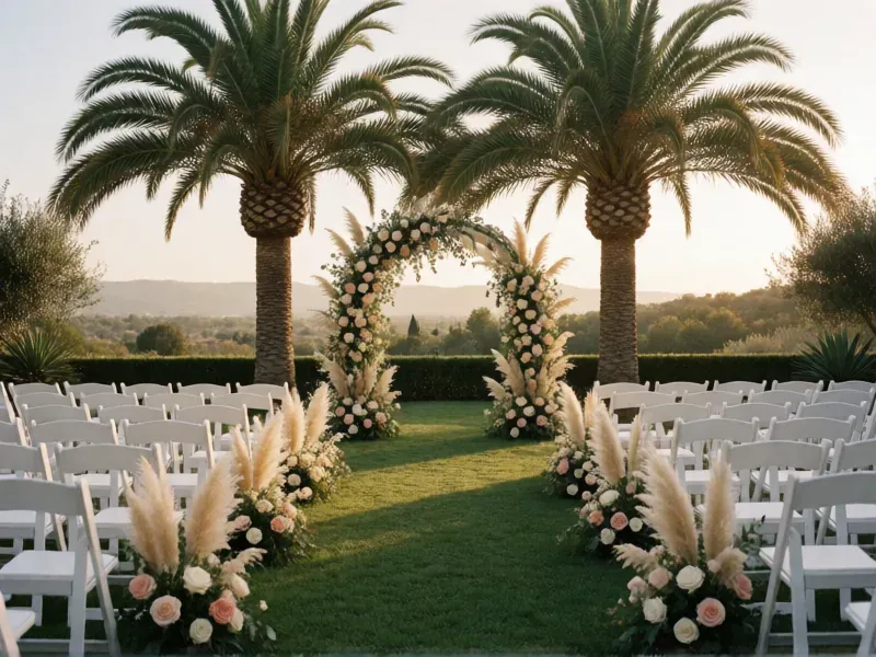 arco de flores y sillas blancas entre palmeras para una ceremonia al aire libre
