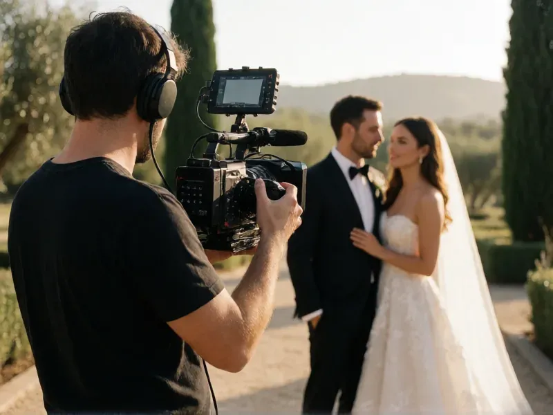 videógrafo con auriculares grabando a una pareja de novios en un jardín