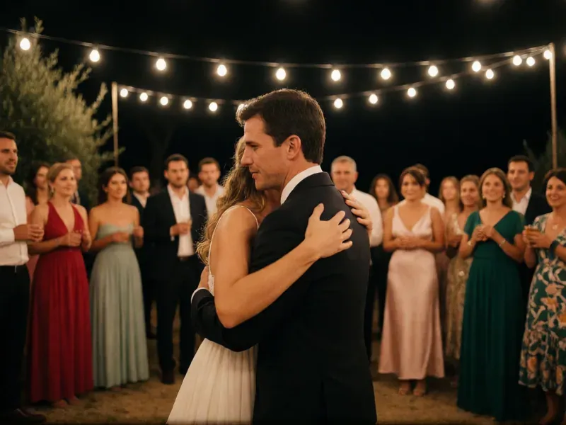 primer baile bajo guirnaldas de luces rodeados de invitados