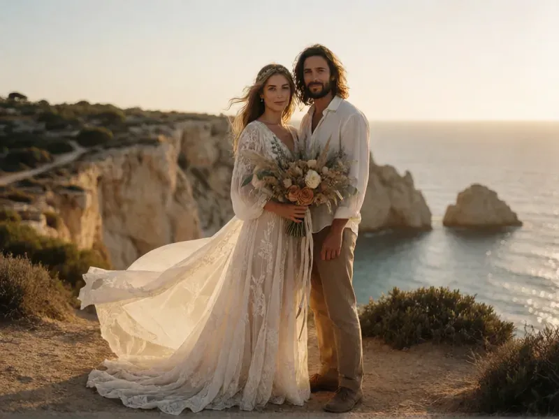 boho bride and groom on an Ibiza clifftop