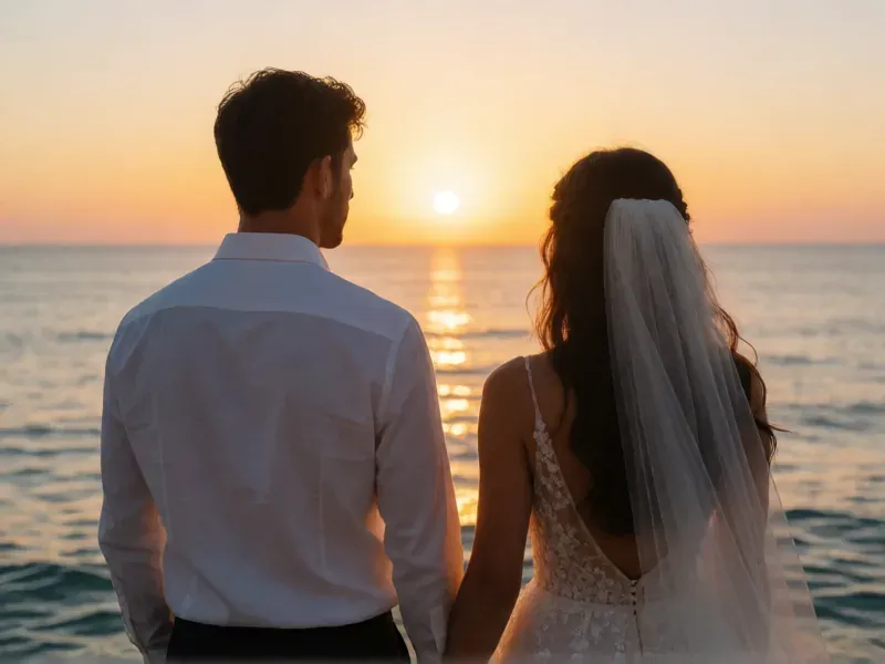 couple watching an Ibiza sunset on their wedding day