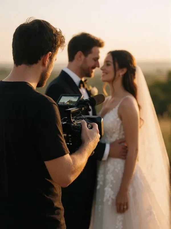 videógrafo grabando a una pareja de novios en un campo al atardecer