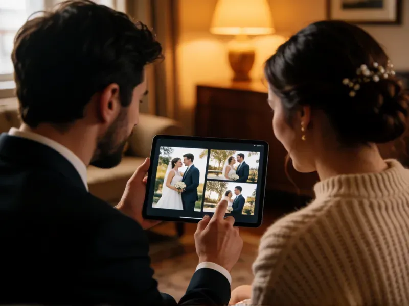 videógrafo mostrando vídeos de boda a una pareja