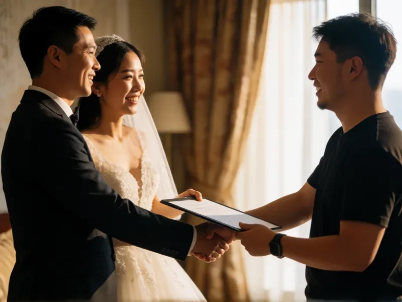 pareja cerrando el acuerdo con su videógrafo de boda