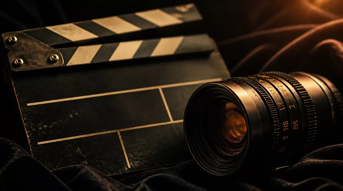 Claqueta de cine y objetivo de cámara sobre tela oscura