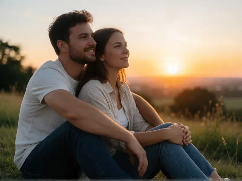pareja viendo el atardecer en su preboda