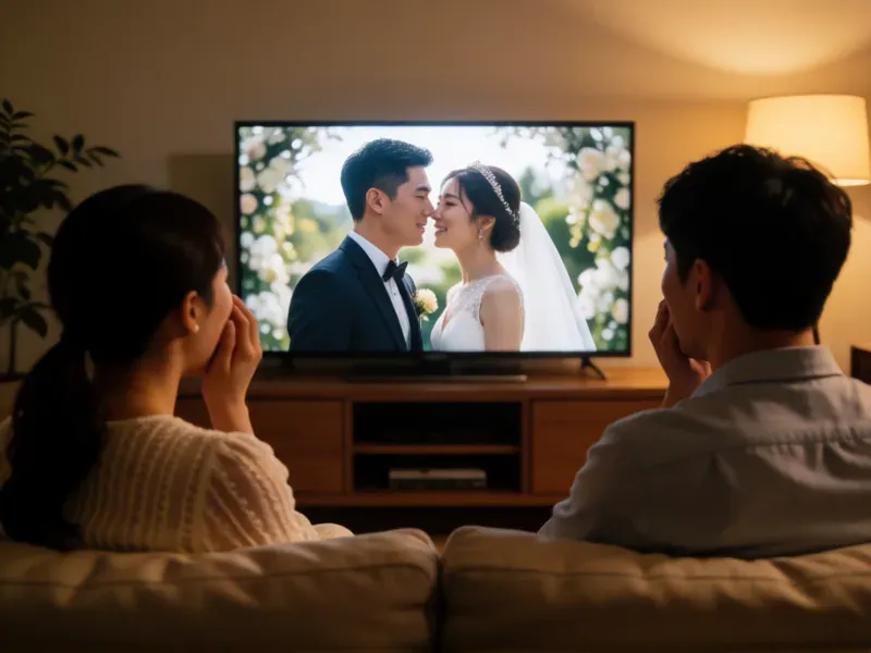 pareja viendo su vídeo de boda en casa