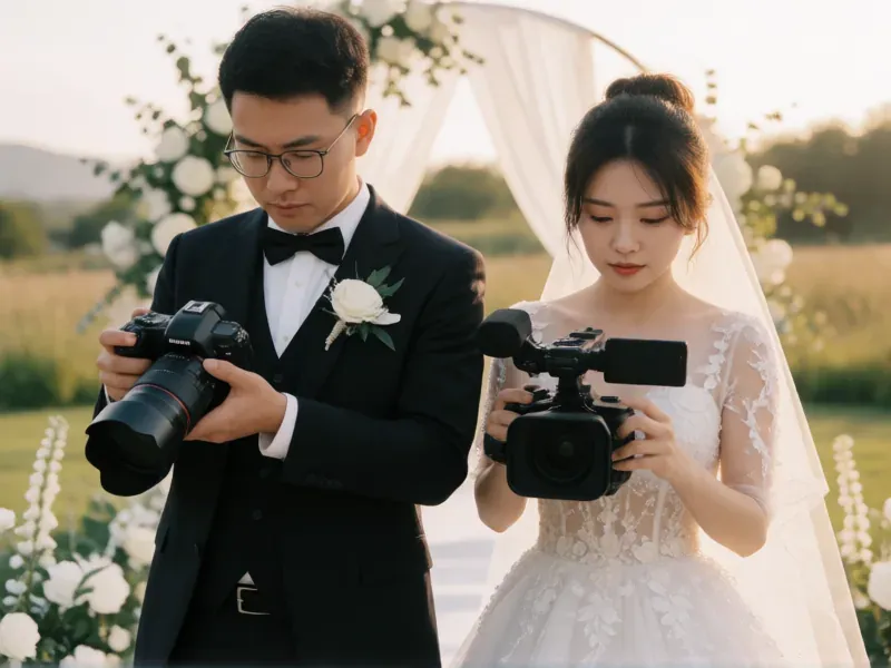 fotógrafo y videógrafo trabajando juntos en una boda