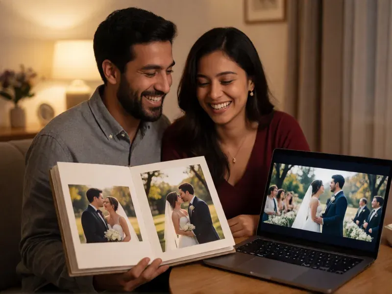 pareja con un álbum de fotos de su boda