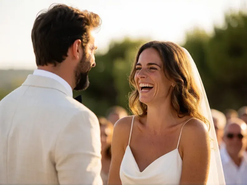 pareja riendo durante sus votos de boda