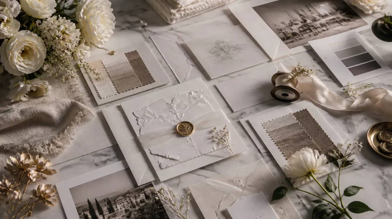 moodboard con invitaciones, sellos de lacre y flores blancas