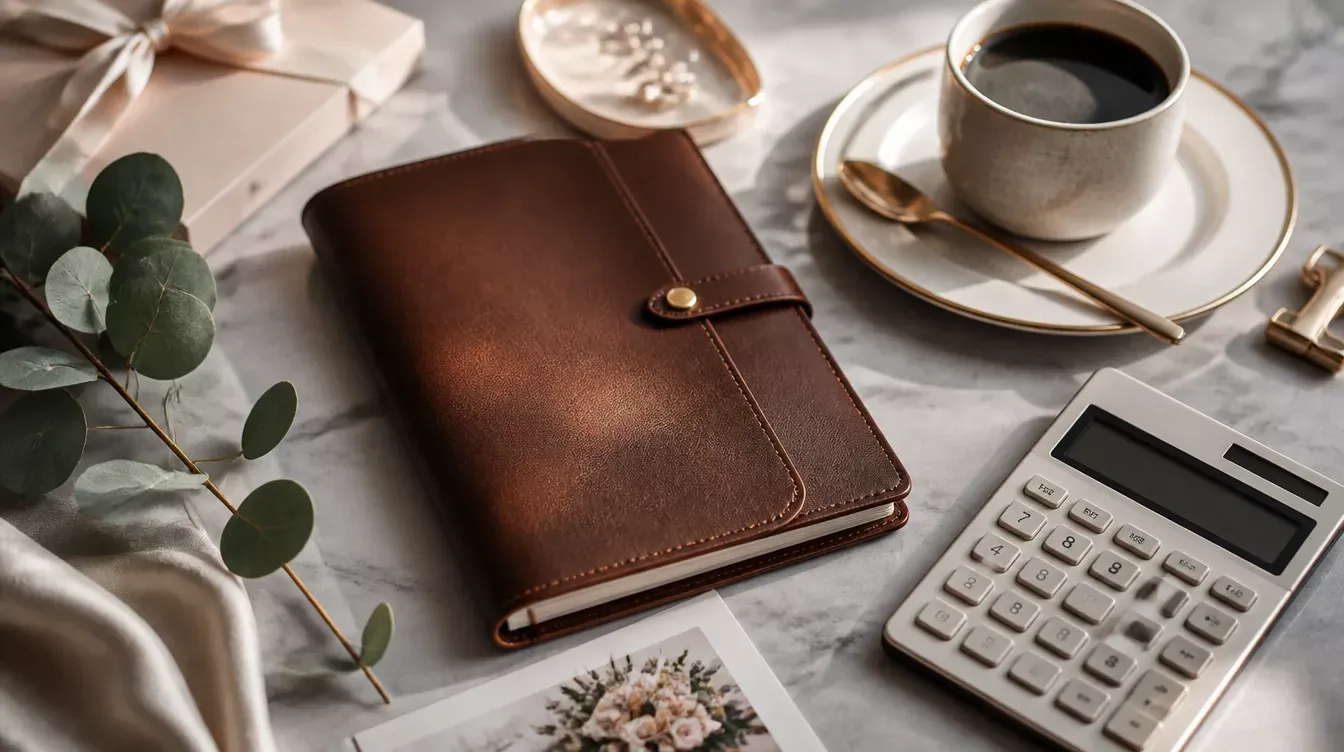 agenda de piel, calculadora y café sobre una mesa de mármol