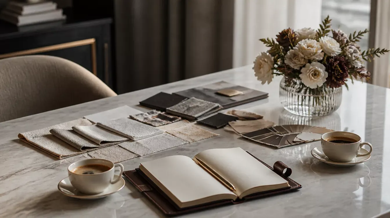 mesa de trabajo con cuadernos, fotos y café junto a un ramo de flores