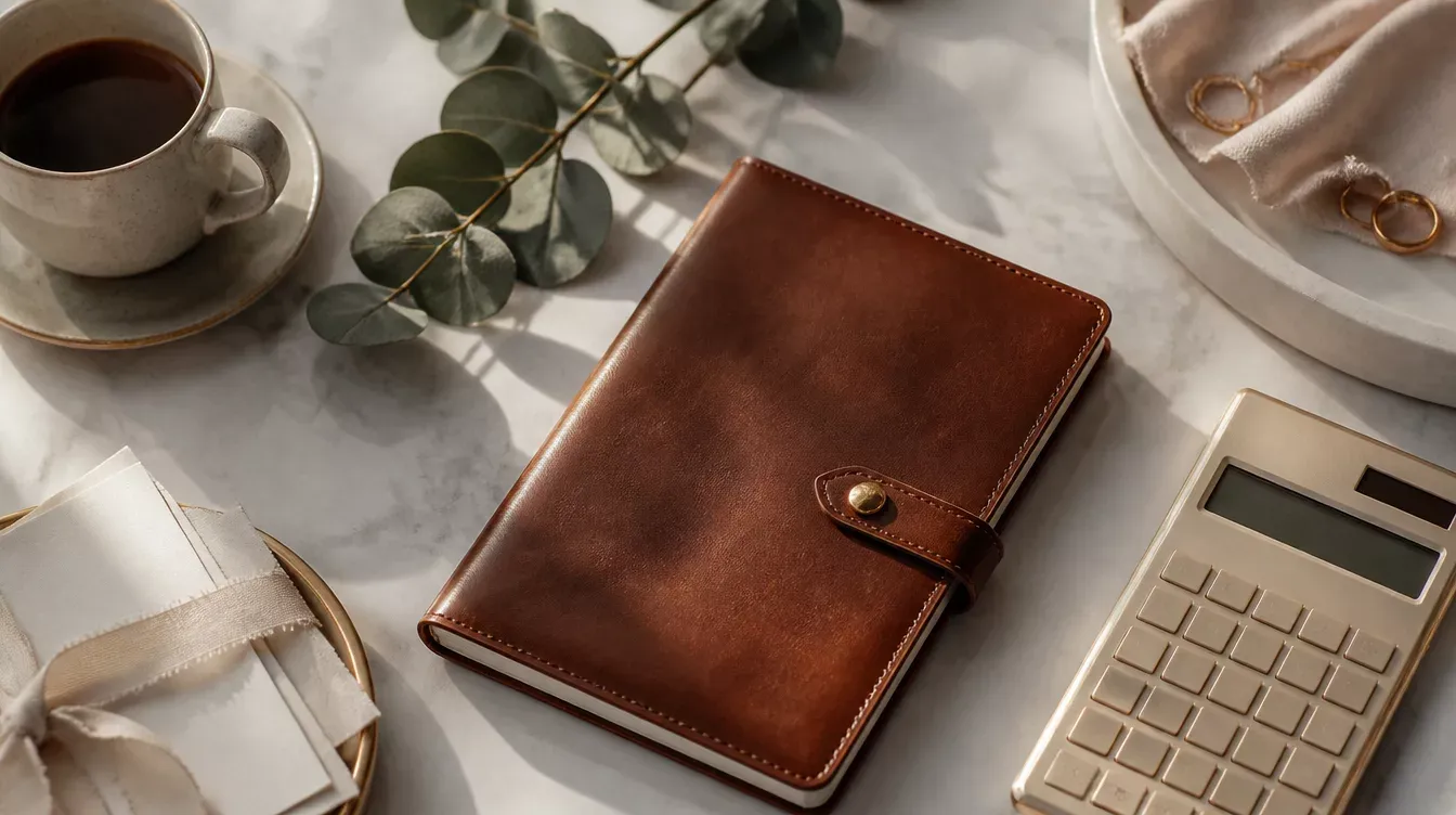 agenda de piel, calculadora y café sobre una mesa de mármol