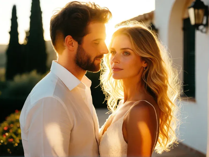 couple portrait at a Spanish villa at golden hour
